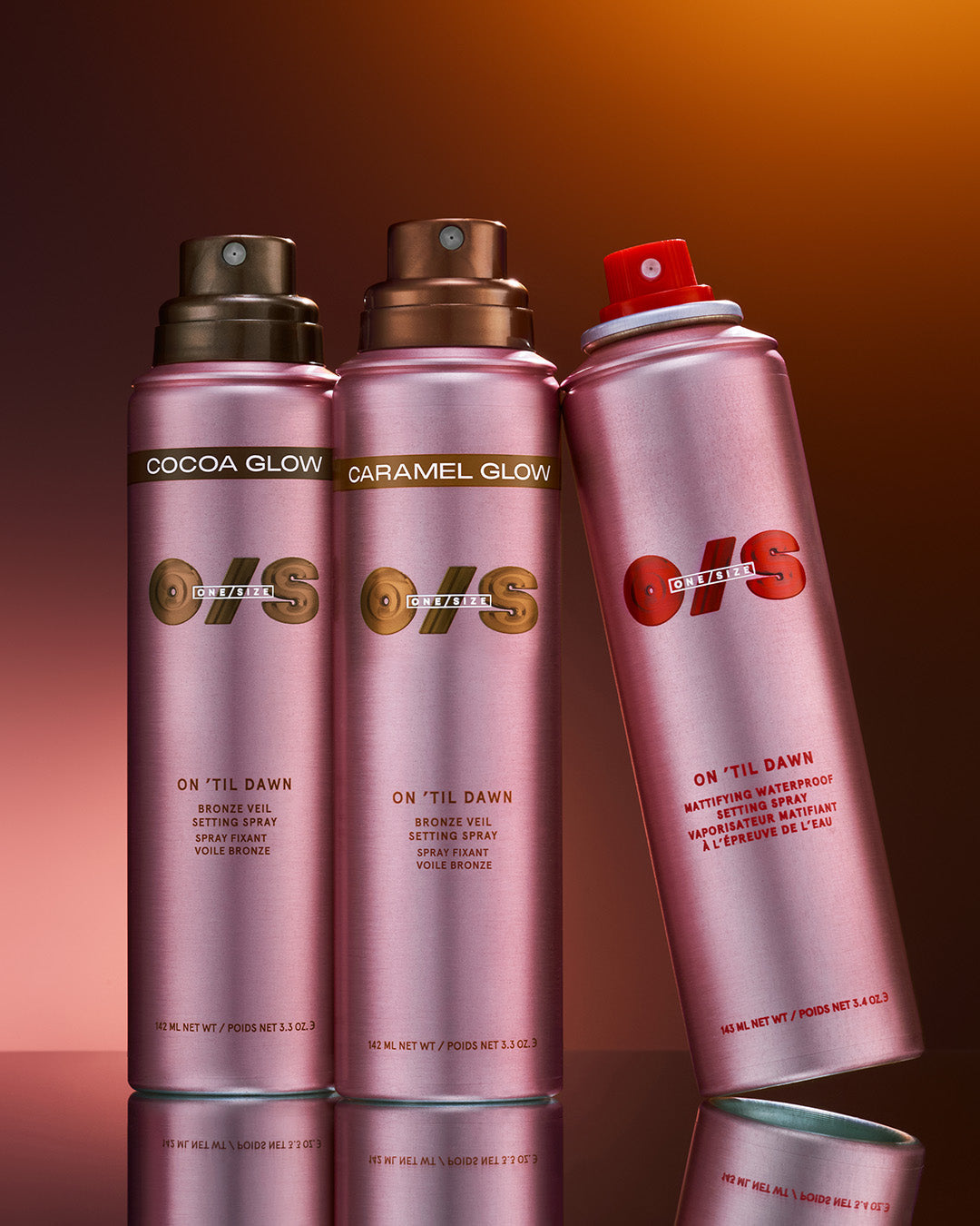 On 'Til Dawn Bronze Veil Setting Spray shown with complementary ONE/SIZE products for a full glow routine