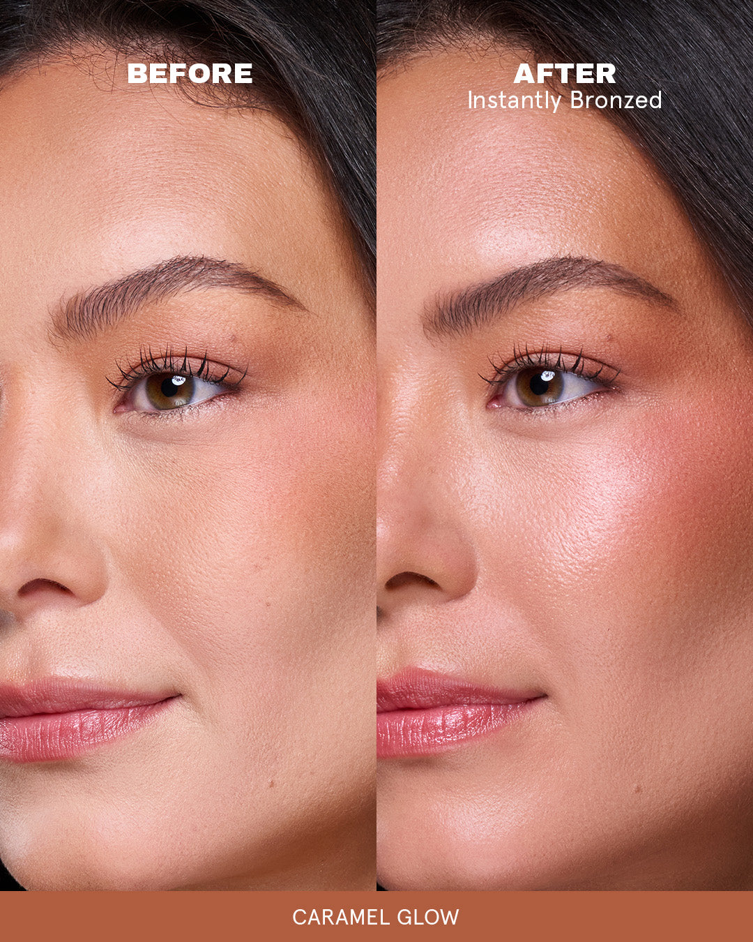 Before and after comparison on light skin tone showing On 'Til Dawn Bronze Veil's sun-kissed glow finish in Caramel Glow
