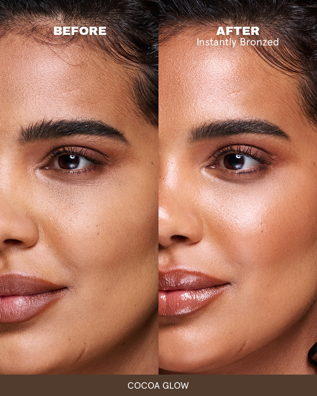 Before and after comparison on medium skin tone showing On 'Til Dawn Bronze Veil's sun-kissed glow finish in Cocoa Glow