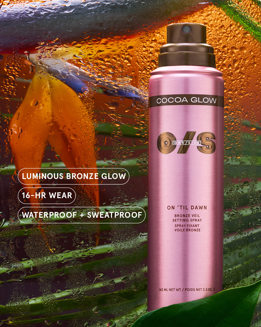 Key benefits of On 'Til Dawn Bronze Veil Waterproof Setting Spray: luminous bronze glow, all-day glow, and waterproof wear