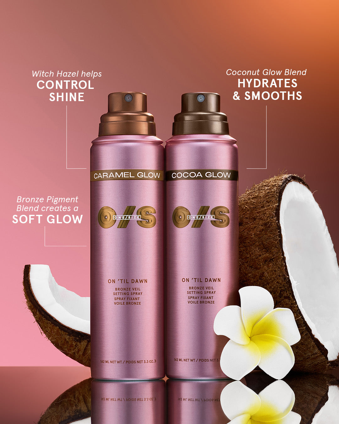 Key ingredients callout for On 'Til Dawn Bronze Veil Setting Spray, featuring bronze pearl pigment for a soft illuminating glow